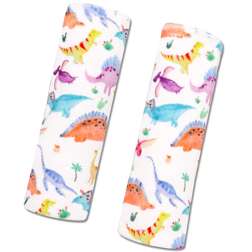 Baby Car Seat Belt Covers for Boys and Girls, Carseat Shoulder Padding, Soft Car Seat Neck Cover, Minky Car Seat Straps Shoulder Pads, Dinosaur Stroller Strap Cover for Baby Kids,White